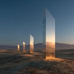 Glass monoliths in desert landscape