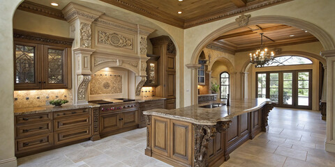 Grand European-style kitchen with carved wood details, granite countertops, and archways.

