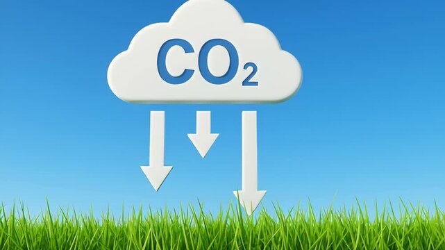 Zero carbon energy source. CO2 cloud with arrows pointing down over green grass clear blue sky symbolizing carbon capture and carbon environmental care