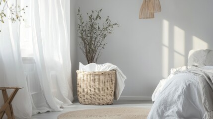 A stylish bedroom corner featuring a linen hamper blending seamlessly with modern minimalist decor