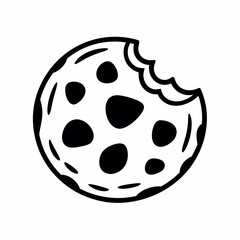Simple black and white doodle of a bitten chocolate chip cookie