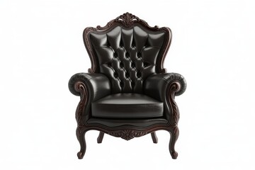Ornate dark leather tufted throne chair with elaborate carved wood accents