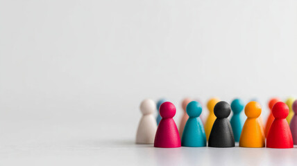 Colorful game pieces standing in row on white surface with soft focus background showing diversity and unity