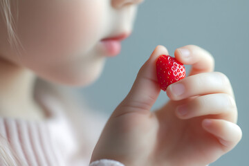 Close up of child holding fresh strawberry with delicate fingers, healthy organic fruit concept, childhood innocence and nutrition, soft pastel background, natural food photography, wholesome lifestyl