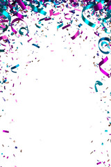 Fototapeta premium Colorful festive confetti and curling ribbons falling on white background, vibrant celebration frame for party invitation design, holiday carnival decoration, abstract festive border, cheerful event a