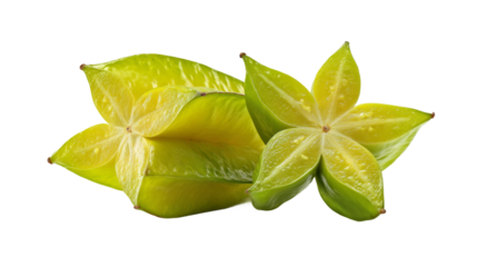 Star fruit, carambola, averrhoa carambola, tropical fruit, cut open, transparent background.