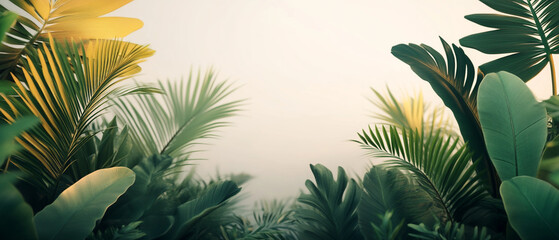 Naklejka premium Lush tropical leaves with green and yellow tones create vibrant jungle canopy soft natural light, evoking calm and freshness