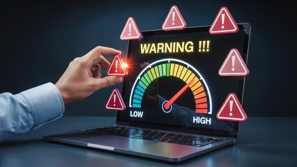 Cybersecurity alert with warning signs and gauge on laptop screen, data breach risk concept