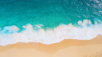 Breathtaking aerial view of turquoise ocean waves gently crashing onto pristine white sandy beach shore