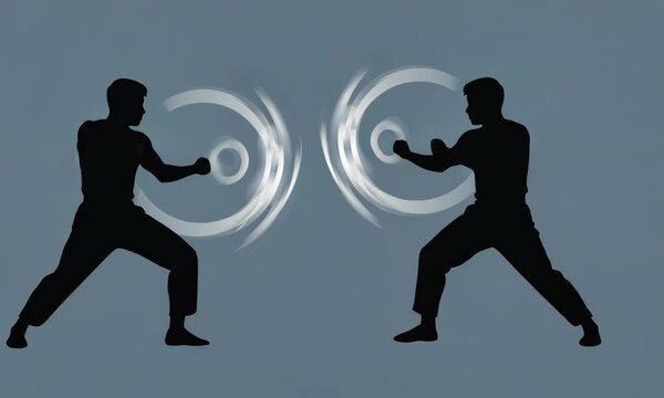 A vector illustration of people exercising, featuring silhouettes of a man, a woman, and a man with dumbbells, engaged in running, dance, and fitness training