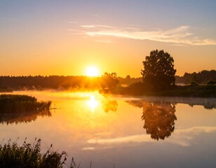peaceful morning sunrise over calm water and landscape