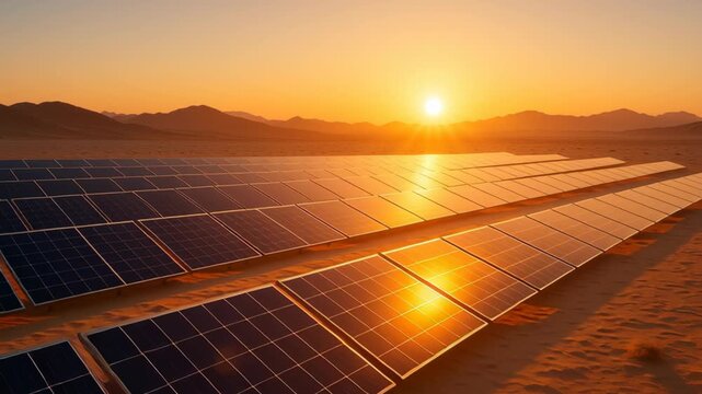 Zero carbon energy source. Solar panel sunset desert renewable energy solar farm mountain sunlight sustainable power environment landscape technology clean