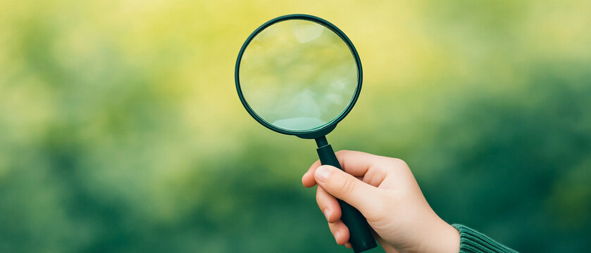 Child holding magnifying glass exploring nature with curiosity and wonder in green outdoor environment