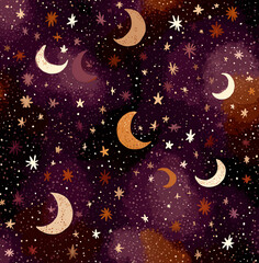 Fototapeta premium A purple and orange background with many stars and crescent moons