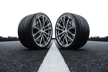 High performance alloy car wheels with modern sport tires on asphalt road center line, automotive engineering detail, racing vehicle parts, symmetrical composition, precision design, transportation te