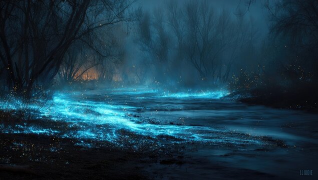 Mystical river glows blue in a dark forest at night