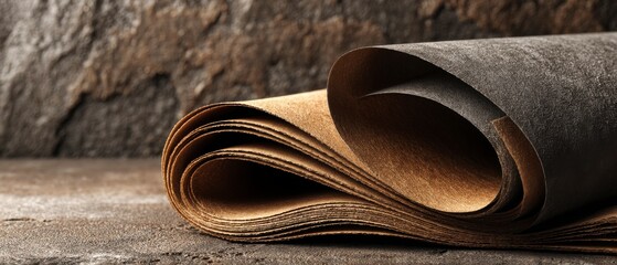 A close-up of a rolled piece of textured, brownish paper or leather resting on a rustic surface.