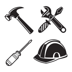Black icons of construction tools and safety helmet