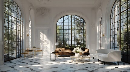Modern Living Room Minimalist Glass Art Nouveau French Style Sunny Weather Vibrant Accents Crisp Details Radiant Lighting Elegant Design Luxurious Ambiance (AI-Generated)