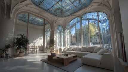 Modern Living Room Minimalist Glass Art Nouveau French Style Sunny Weather Vibrant Accents Crisp Details Radiant Lighting Elegant Design Luxurious Ambiance (AI-Generated)