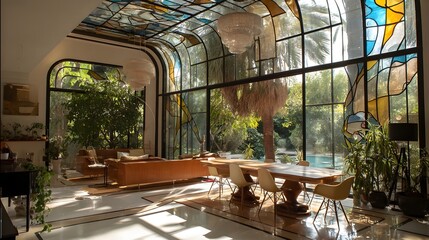 Modern Living Room Minimalist Glass Art Nouveau French Style Sunny Weather Vibrant Accents Crisp Details Radiant Lighting Elegant Design Luxurious Ambiance (AI-Generated)