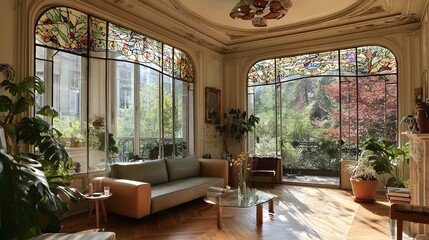 Modern Living Room Minimalist Glass Art Nouveau French Style Sunny Weather Vibrant Accents Crisp Details Radiant Lighting Elegant Design Luxurious Ambiance (AI-Generated)