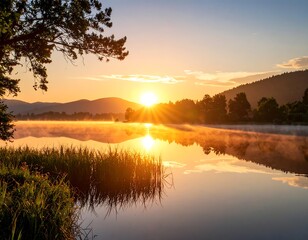 peaceful sunrise over calm waters and tranquil landscape