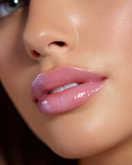 Naklejka premium Soft shine on lips and cheeks with pastel cream tones