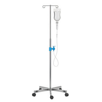 A stainless steel iv drip stand with bag isolated on transparent background