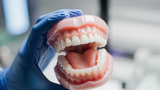 Blue gloved hand holding a set of false teeth with pink gums and white teeth
