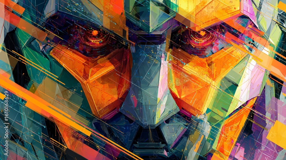 Poster a digital abstract presents a robotic face constructed from overlapping polygons, glitching lines, a