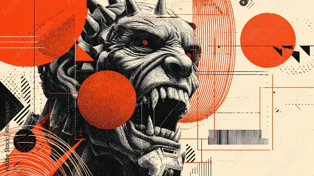 Poster a menacing robotic figure with sharp teeth is contrasted by vibrant geometric shapes and glitches in