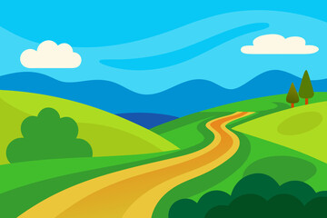 Cartoon landscape with winding road hills trees and sky