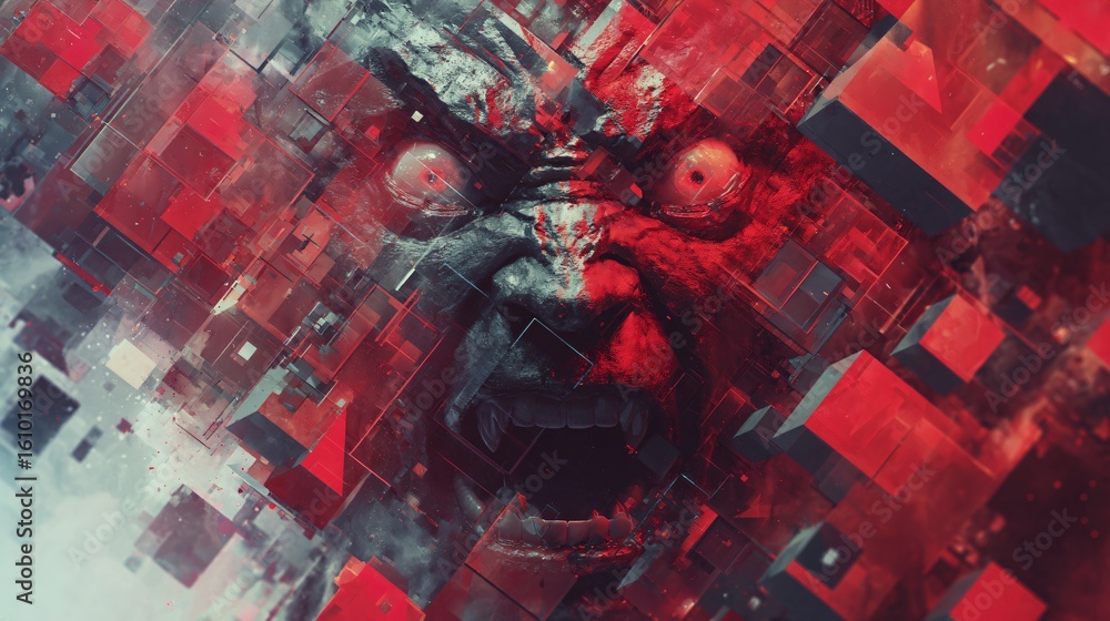 Poster a distorted, monstrous robotic face emerges from a chaotic, abstract realm of red cubes and triangle