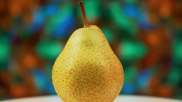 Close-up of a yellow pear against a blurred background of colorful fruits