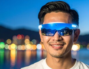 Young professional using wearable technology in urban environment