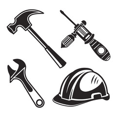 Hammer wrench drill and hard hat icons construction
