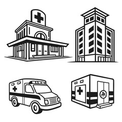 Healthcare buildings and ambulance icons medical hospital