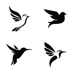 Flying Bird Silhouette Vector Set, Minimalist Hummingbird and Dove Icons