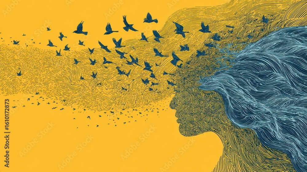 Poster abstract representation of thoughts transforming into birds in a captivating flow of creativity and 