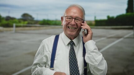 Senior man in business suit using smartphone on outdoor tennis court, displaying various emotions as he communicates during a call. - Powered by Adobe