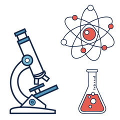 Microscope atom flask science icons blue red laboratory