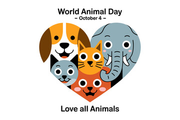 World Animal Day poster with heart and cute animals, October 4, love all animals, greeting card, vector design illustration