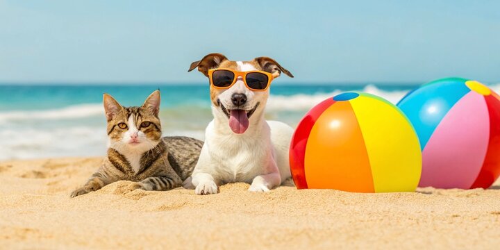 A playful cat lies beside a cheerful dog wearing sunglasses on a beach. Brightly colored beach balls surround them on the soft sand with a beautiful ocean backdrop on a sunny day