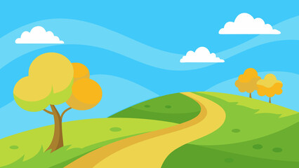 Obraz premium Cartoon landscape with trees road hills and blue sky