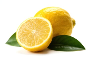 Bright yellow lemons with green leaves on a clean white background