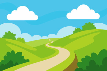 Fototapeta premium Cartoon landscape illustration with winding path and blue sky