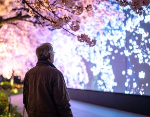 digital cherry blossom and elderly man in peaceful contemplation