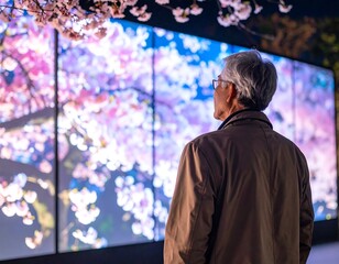elderly man reflecting on technology with digital cherry blossom