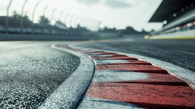 A close-up view of an empty F1 track featuring a curved shape, showcasing the asphalt texture and scenic backdrop. Perfect for motorsport imagery.